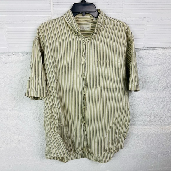 Falls Creek vintage Beige & green Striped cotton Button-Down short sleeve Shirt - Picture 3 of 13
